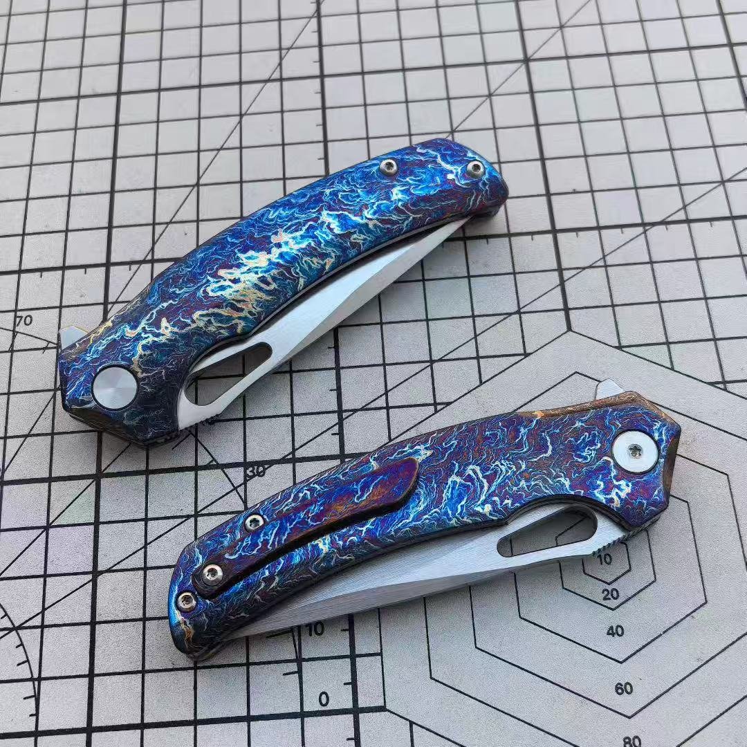 M390 steel 60HRC lightning pattern titanium alloy handle folding knife with satin finish - Image 2